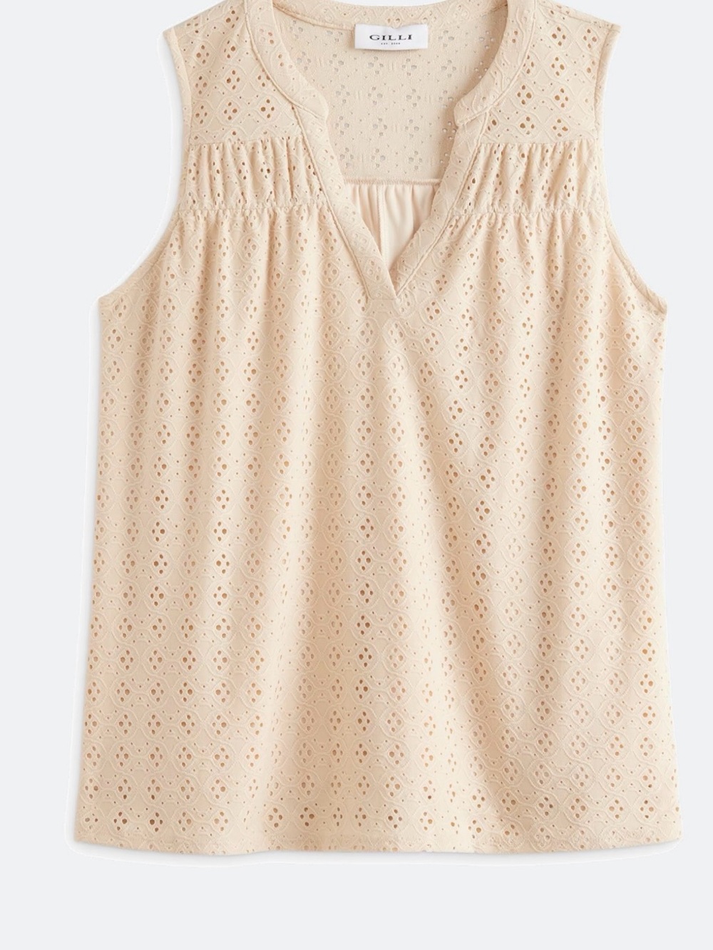 Gilli Sleeveless Eyelet Split Neck Top - Cream. Sz S